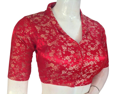 Floral Brocade Silk Saree Blouse with Mandarin Collar Neck| Readymade Designer Blouse (Multiple Colors Available) - D3blouses