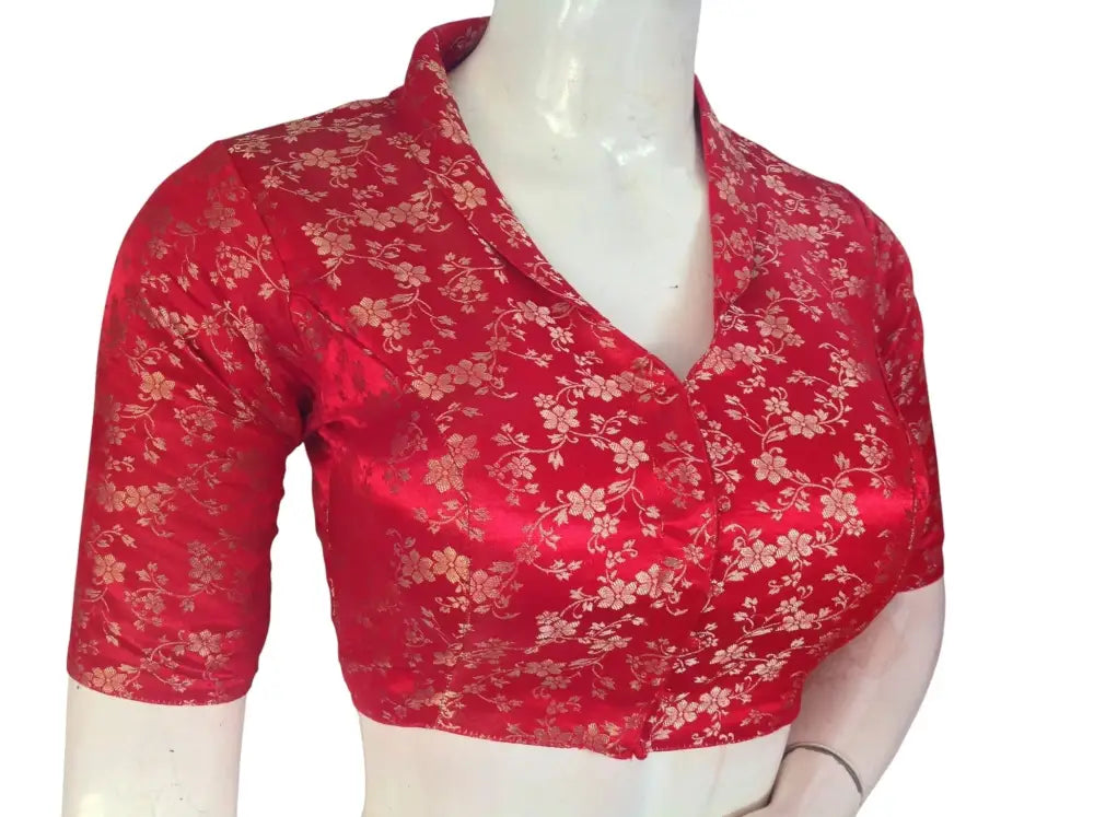 Floral Brocade Silk Saree Blouse with Mandarin Collar Neck| Readymade Designer Blouse (Multiple Colors Available) - D3blouses