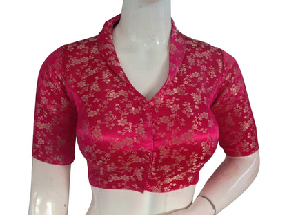 Floral Brocade Silk Saree Blouse with Mandarin Collar Neck| Readymade Designer Blouse (Multiple Colors Available) - D3blouses