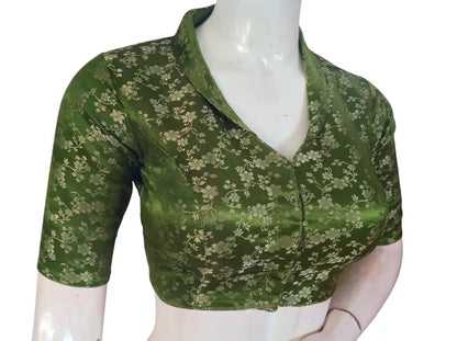 Floral Brocade Silk Saree Blouse with Mandarin Collar Neck| Readymade Designer Blouse (Multiple Colors Available) - D3blouses