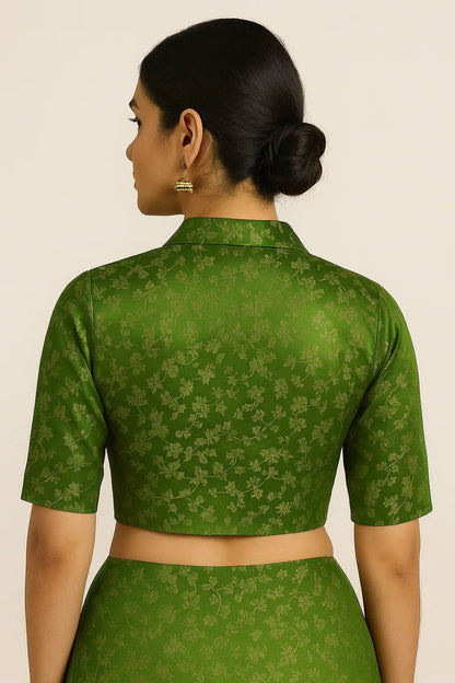 Floral Brocade Silk Saree Blouse with Mandarin Collar Neck| Readymade Designer Blouse (Multiple Colors Available) - D3blouses