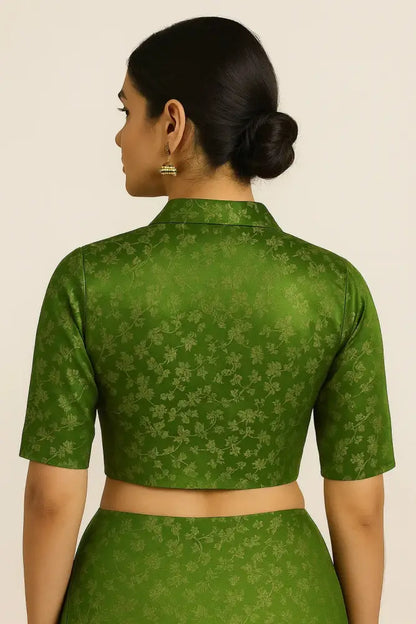 Floral Brocade Silk Saree Blouse with Mandarin Collar Neck| Readymade Designer Blouse (Multiple Colors Available) - D3blouses