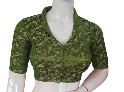 Floral Brocade Silk Saree Blouse with Mandarin Collar Neck| Readymade Designer Blouse (Multiple Colors Available) - D3blouses