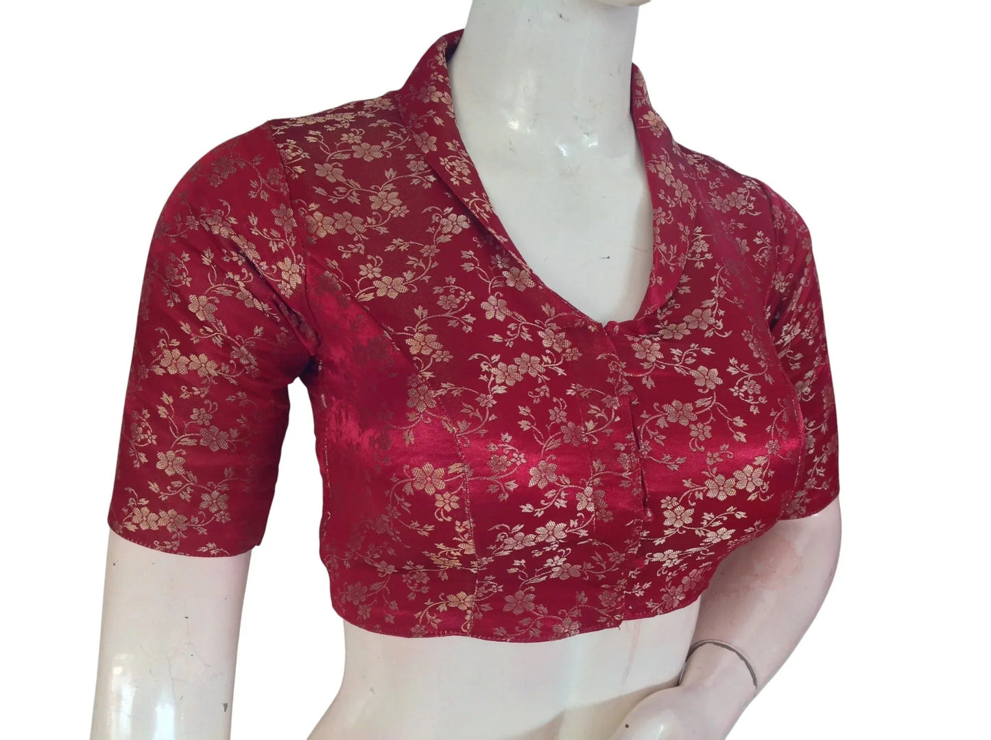Floral Brocade Silk Saree Blouse with Mandarin Collar Neck| Readymade Designer Blouse (Multiple Colors Available) - D3blouses