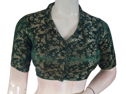 Floral Brocade Silk Saree Blouse with Mandarin Collar Neck| Readymade Designer Blouse (Multiple Colors Available) - D3blouses