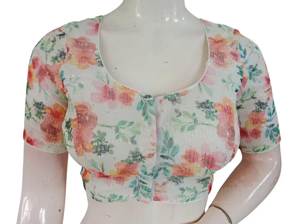 Floral Designer Organza Readymade Saree Blouse online- Multicolor (Princess Cut Padded) Readymade Blouse - Floral