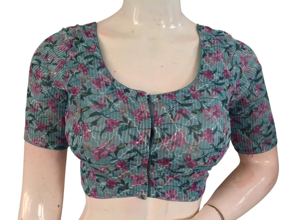 Floral Designer Organza Readymade Saree Blouse online- Multicolor (Princess Cut Padded) Readymade Blouse - Floral