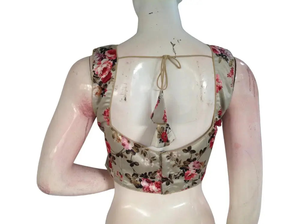 Floral Satin V-neck Designer Readymade saree blouse, Indian Designer Choli blouse - D3blouses
