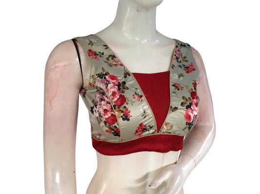 Floral Satin V-neck Designer Readymade saree blouse, Indian Designer Choli blouse - D3blouses