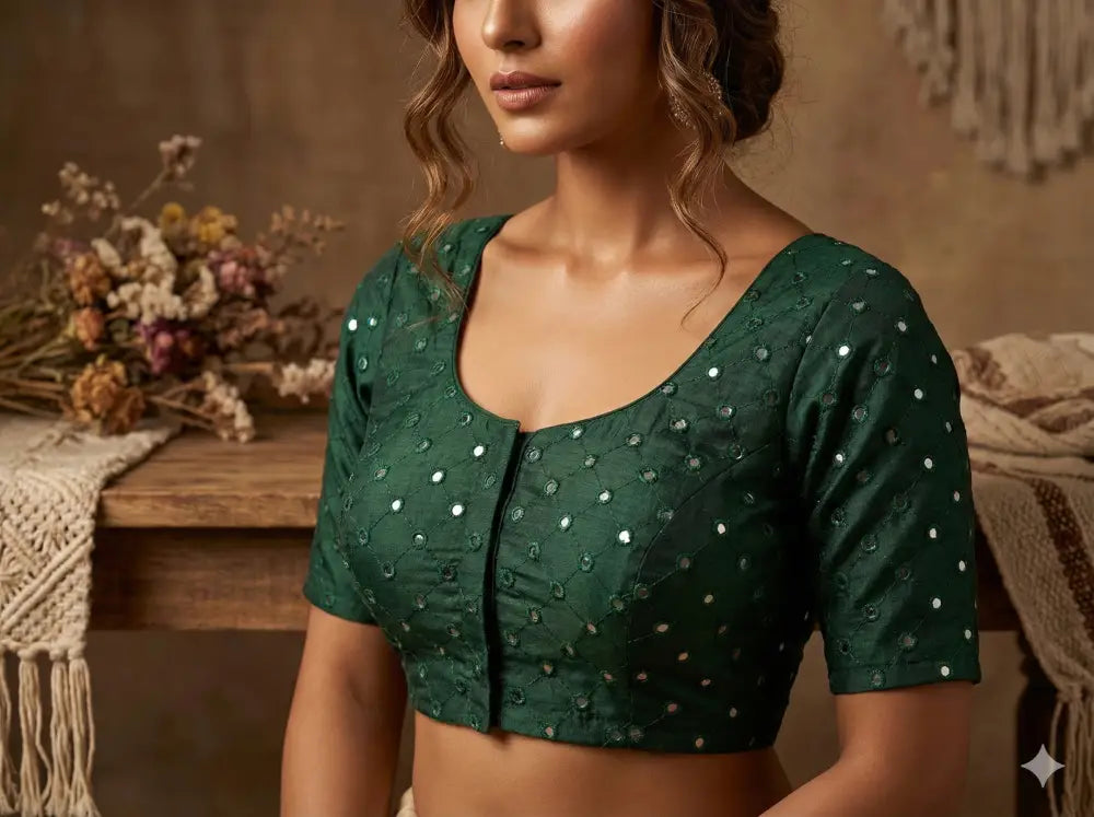 Foil Mirror Work Readymade Saree Blouse – Semi Silk Designer Choli (Padded Elbow Sleeves) Readymade Blouse