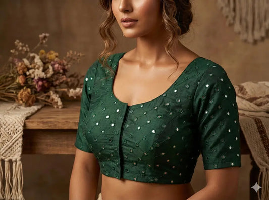 Foil Mirror Work Readymade Saree Blouse – Semi Silk Designer Choli (Padded Elbow Sleeves) Readymade Blouse