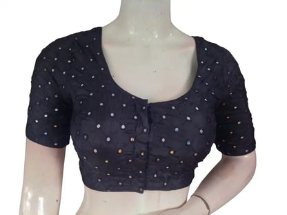 Foil Mirror Work Readymade Saree Blouse – Semi Silk Designer Choli (Padded Elbow Sleeves) Readymade Blouse - Black / 36