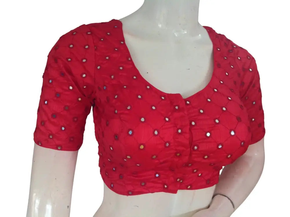 Foil Mirror Work Readymade Saree Blouse – Semi Silk Designer Choli (Padded Elbow Sleeves) Readymade Blouse - Red / 36