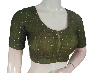 Foil Mirror Work Readymade Saree Blouse – Semi Silk Designer Choli (Padded Elbow Sleeves) Readymade Blouse - Olive