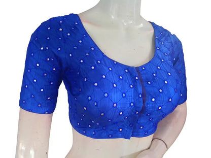 Foil Mirror Work Readymade Saree Blouse – Semi Silk Designer Choli (Padded Elbow Sleeves) Readymade Blouse - Royal Blue