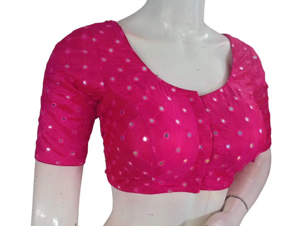 Foil Mirror Work Readymade Saree Blouse – Semi Silk Designer Choli (Padded Elbow Sleeves) Readymade Blouse - Pink / 36