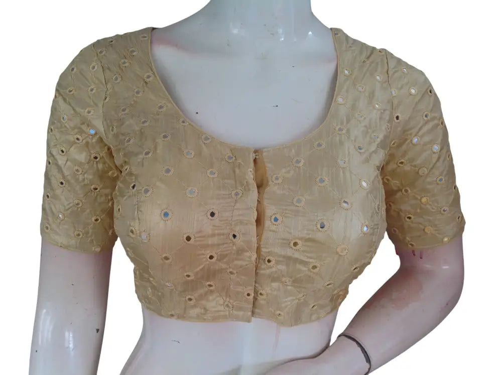 Foil Mirror Work Readymade Saree Blouse – Semi Silk Designer Choli (Padded Elbow Sleeves) Readymade Blouse - Gold / 36