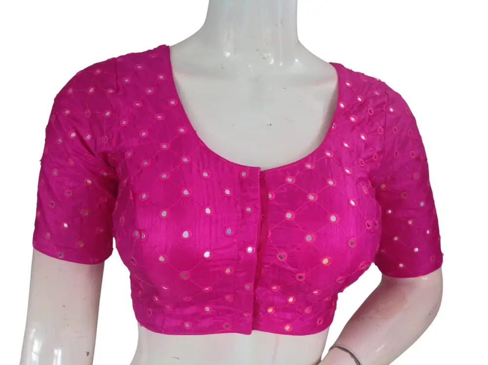 Foil Mirror Work Readymade Saree Blouse – Semi Silk Designer Choli (Padded Elbow Sleeves) Readymade Blouse - Magenta