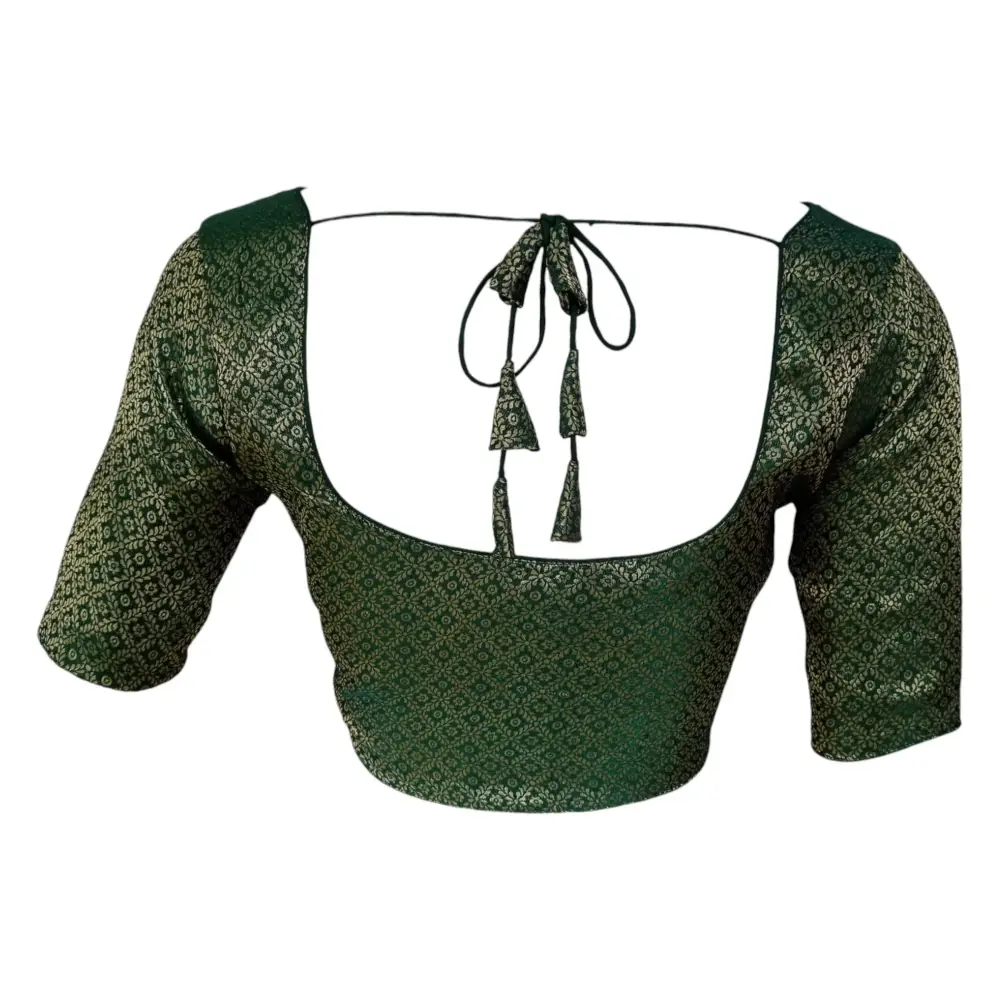 Forest Green Finesse: Brocade Silk Readymade Saree Blouse - D3blouses