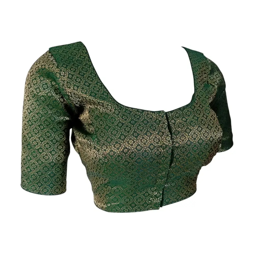Forest Green Finesse: Brocade Silk Readymade Saree Blouse - D3blouses