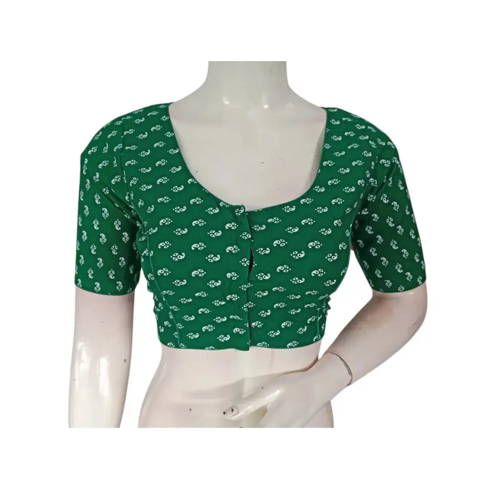 Fresh & Vibrant: Green Color Cotton Printed Readymade Saree Blouse - D3blouses