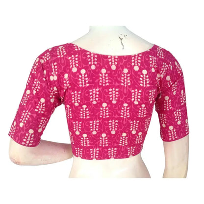 Fuchsia Fantasy: Magenta High Neck Cotton Saree Blouse - D3blouses