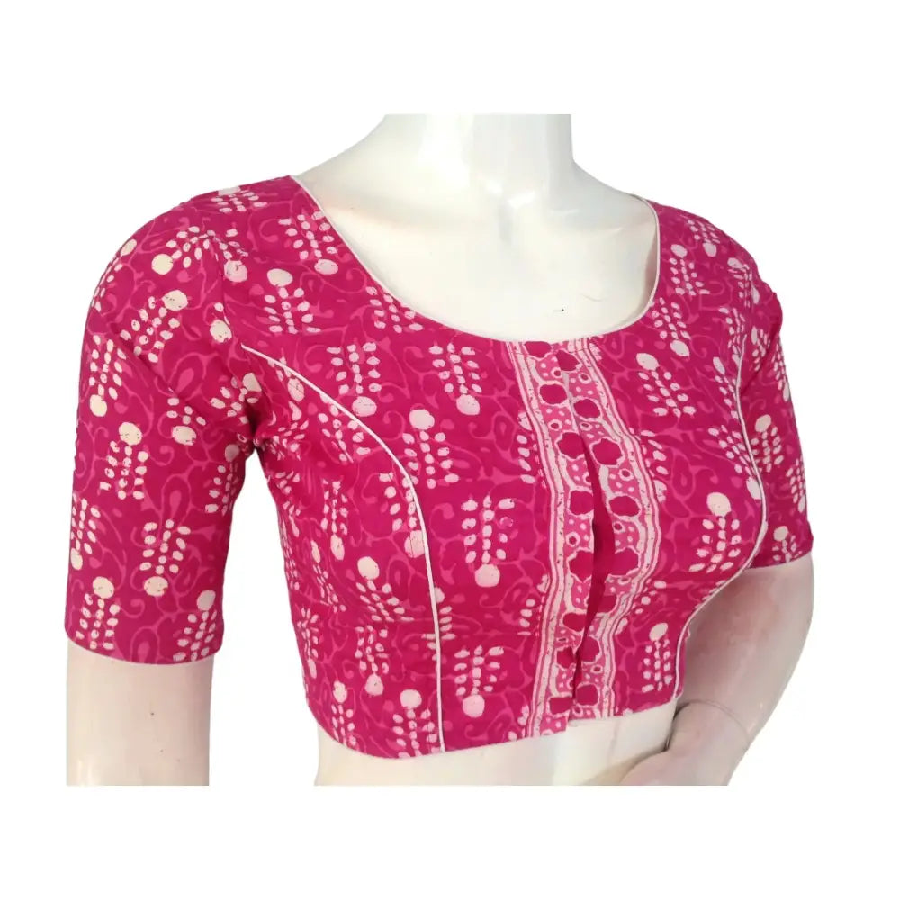 Fuchsia Fantasy: Magenta High Neck Cotton Saree Blouse - D3blouses