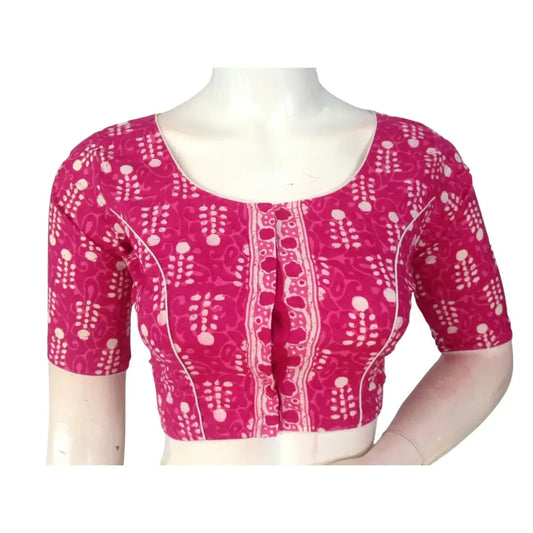 Fuchsia Fantasy: Magenta High Neck Cotton Saree Blouse - D3blouses