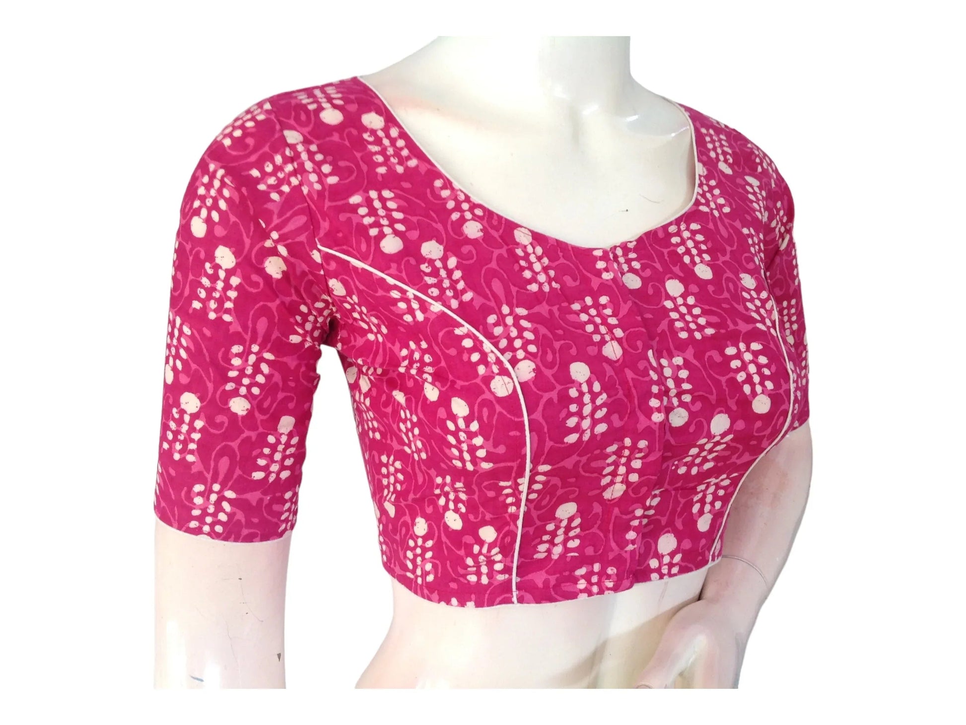 Fuchsia Flair: Magenta Cotton Blouse with High Neckline - D3blouses