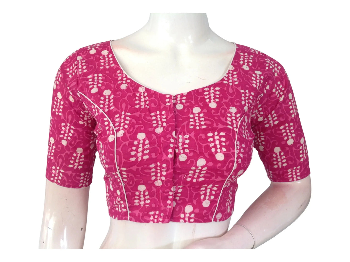 Fuchsia Flair: Magenta Cotton Blouse with High Neckline - D3blouses