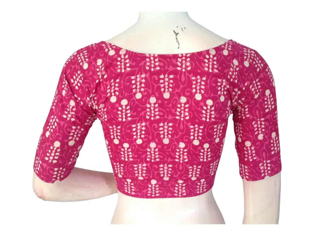 Fuchsia Flair: Magenta Cotton Blouse with High Neckline - D3blouses