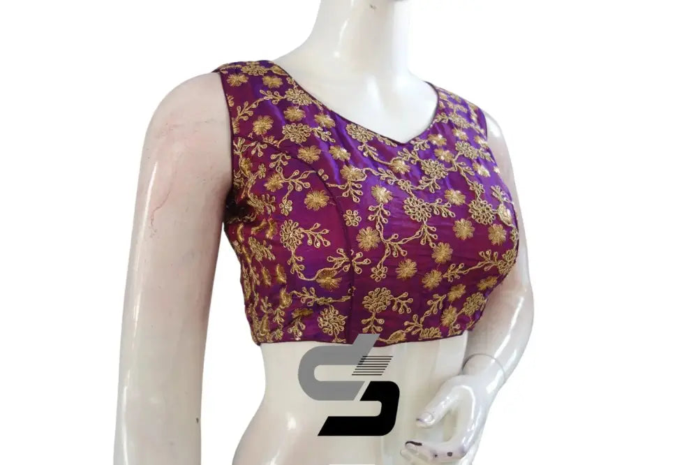 "Get Glamorous with Dark Magenta Designer Semi Silk Embroidery Readymade Saree Blouses" - D3blouses