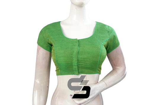 Get Ready in No Time, Green Color Plain Semi Silk Readymade Saree Blouse with Short Sleeves - D3blouses