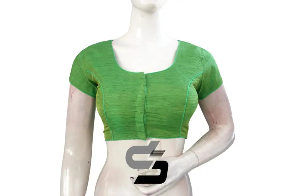 Get Ready in No Time, Green Color Plain Semi Silk Readymade Saree Blouse with Short Sleeves - D3blouses