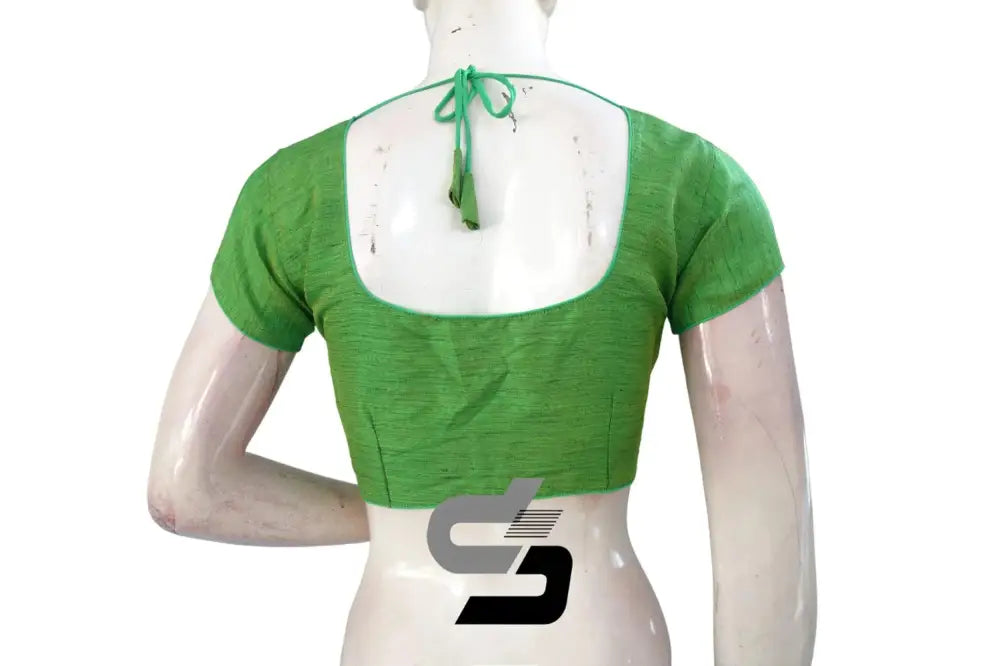Get Ready in No Time, Green Color Plain Semi Silk Readymade Saree Blouse with Short Sleeves - D3blouses