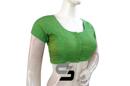 Get Ready in No Time, Green Color Plain Semi Silk Readymade Saree Blouse with Short Sleeves - D3blouses