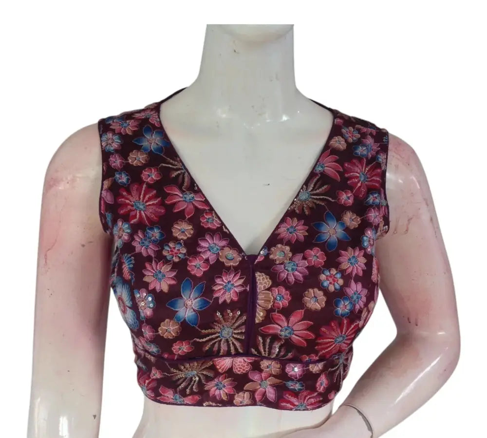 Glamorous Dark Wine Sequin Organza Blouse | Party Wear | Indian Designer Blouse - D3blouses