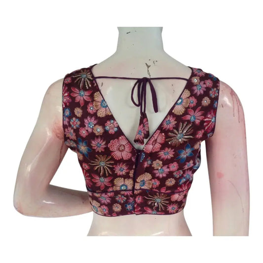 Glamorous Dark Wine Sequin Organza Blouse | Party Wear | Indian Designer Blouse - D3blouses