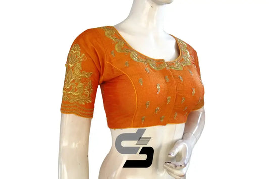 Glamorous Mustard Orange High Neck Embroidered Blouses - D3blouses