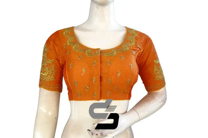 Glamorous Mustard Orange High Neck Embroidered Blouses - D3blouses