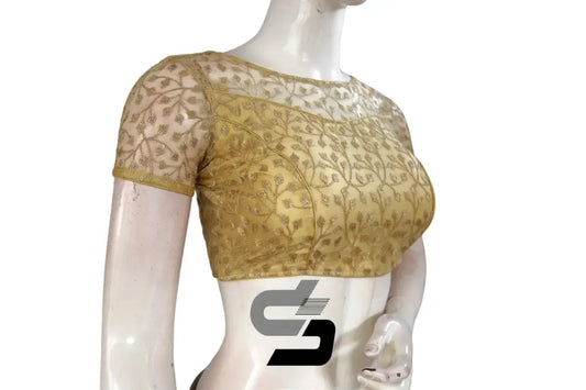 Gold Color Boat Neck Designer Embroidery Netted Readymade Saree Blouse - D3blouses