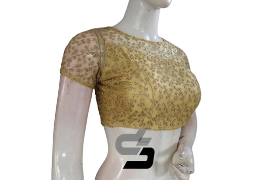Gold Color Boat Neck Designer Embroidery Netted Readymade Saree Blouse - D3blouses