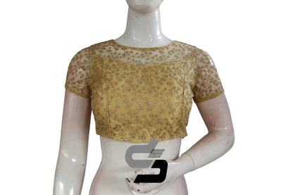 Gold Color Boat Neck Designer Embroidery Netted Readymade Saree Blouse - D3blouses