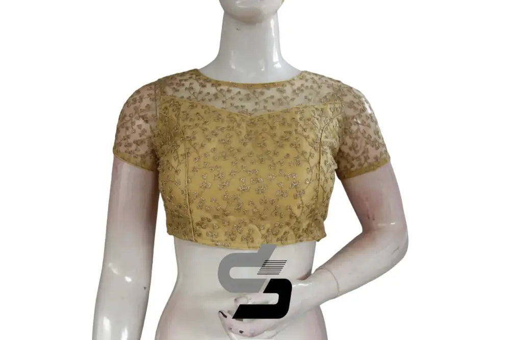 Front view of gold boat neck netted embroidery readymade saree blouse with princess cut