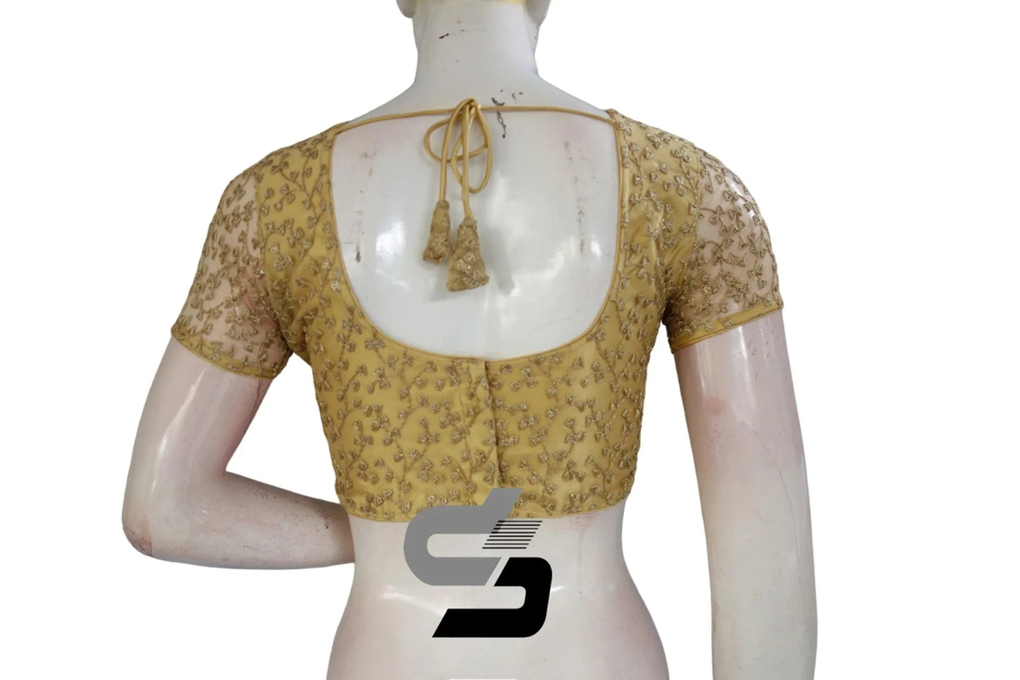 Gold Color Boat Neck Designer Embroidery Netted Readymade Saree Blouse - D3blouses