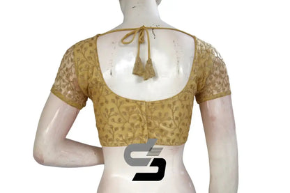 Gold Color Boat Neck Designer Embroidery Netted Readymade Saree Blouse - D3blouses