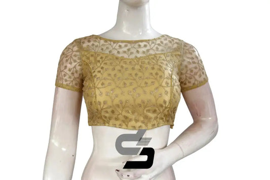 Gold Color Boat Neck Designer Embroidery Netted Readymade Saree Blouse - D3blouses