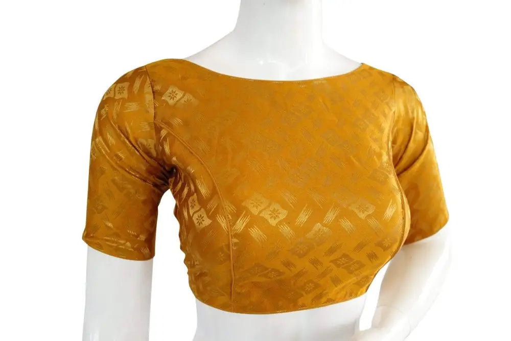 Gold Color Brocade Silk Designer Boat Neck Ready-made saree blouse with Potli Button, Indian Silk saree Ready-made blouse - D3blouses