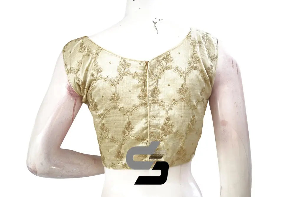 Gold Color Designer Boat Neck Readymade saree blouse/Floral Embroidery Party Wear Readymade blouse - D3blouses