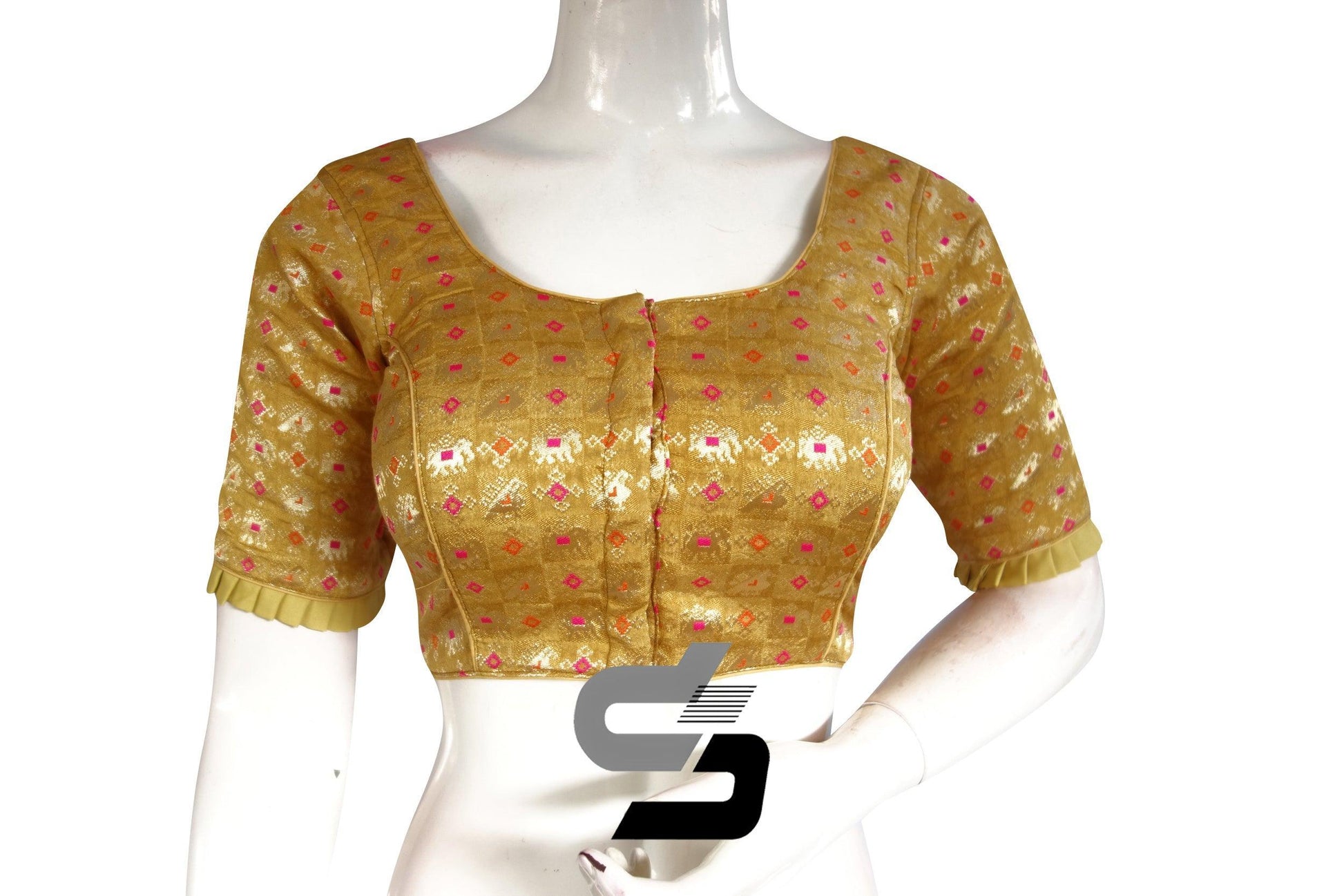 Gold Color Designer Brocade Silk Readymade Blouse With Matching Mask - D3blouses